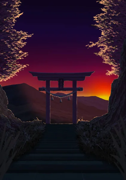 A traditional red torii gate shrine on the stone stair on the sunset landmark travel place. Spring seasons Japanese landscape with a Tori gate, digital art style, fine art illustration painting.