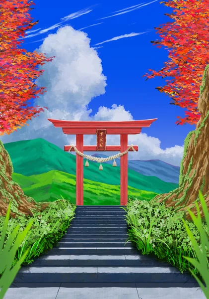 A traditional red torii gate shrine on the stone stair beautiful landmark travel place. Spring seasons Japanese landscape with a Tori gate, digital art style, fine art illustration painting.