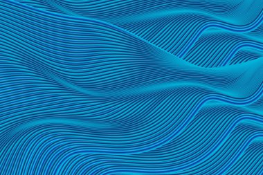 Dalgalı mavi soyut çizgilerin, desenli poster arkaplanının 3 boyutlu görüntülenmesi