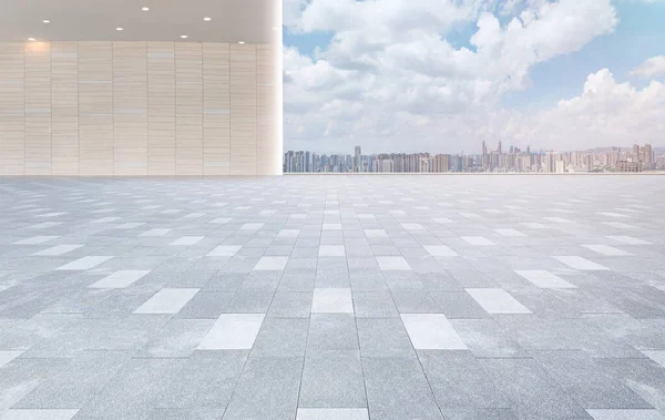 Prázdná Cihlová Čtvercová Podlaha Panoramatickým Panoramatickým Městským Panoramatem Budovami — Stock fotografie