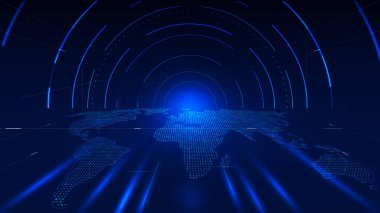 Dijital dünya haritası perspektif uzay geçiş tüneli, İnternet teknolojisi vektör arkaplanı