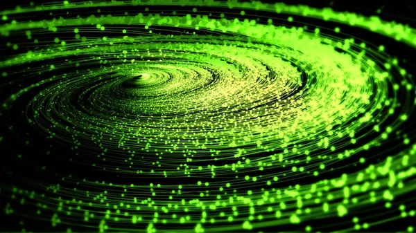 绿点线粒子涡旋 大数据 通信技术背景 — 图库照片