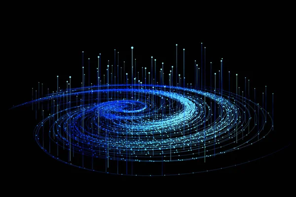 蓝色虚线发射粒子涡旋 大数据 通信技术背景 — 图库照片