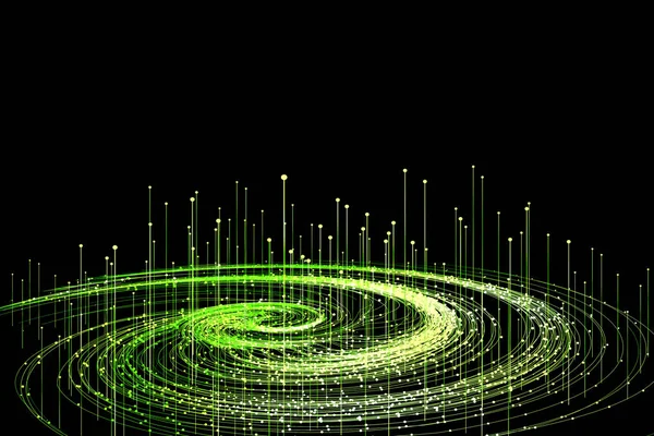 绿点线粒子涡旋 大数据 通信技术背景 — 图库照片