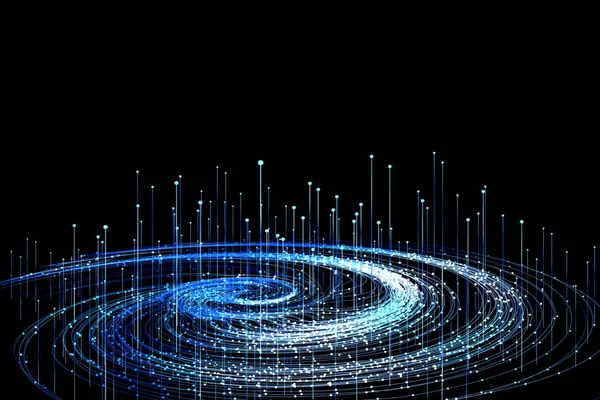 蓝色虚线发射粒子涡旋 大数据 通信技术背景 — 图库照片