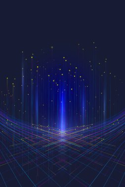 Renkli iç içe geçmiş çizgiler ve yukarı doğru çizgiler, teknolojik alan arkaplanı.