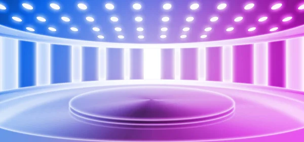 3D rendering of neon metal texture of empty stage in the future of science and technology spatial background