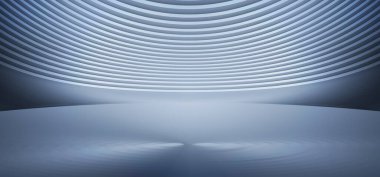 Metalik gümüş dokunun 3 boyutlu yorumlanması serginin gelecekteki uzaysal arkaplanını gösteriyor