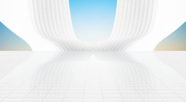 Zemini, parlak gökyüzü arkaplanı ve 3 boyutlu görüntüsü olan modern beyaz kemer binası..