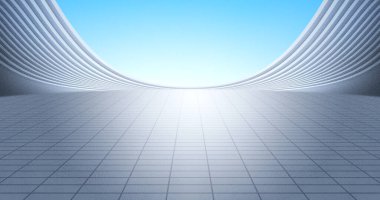 Asfalt zeminli, parlak gökyüzü zeminli modern gümüş kıvrımlı bina. 3B Resim Hazırlama.