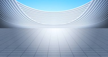 Asfalt zeminli, parlak gökyüzü zeminli modern gümüş kıvrımlı bina. 3B Resim Hazırlama.