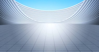 Asfalt zeminli, parlak gökyüzü zeminli modern gümüş kıvrımlı bina. 3B Resim Hazırlama.