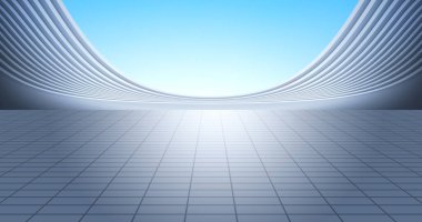 Zemini parlak gökyüzü arka planına sahip modern gümüş kıvrımlı bina. 3B resimleme.