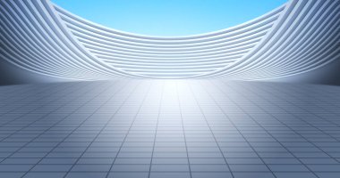 Zemini parlak gökyüzü arka planına sahip modern gümüş kıvrımlı bina. 3B resimleme.