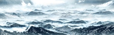 Aerial view of rolling snow mountain mountains landscape skyline in Chinese ink painting style clipart