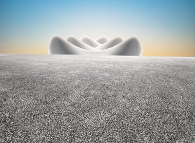 Abstract concrete building with wide unmanned asphalt pavement, clean bright sky background.