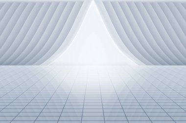 Ortasında ışık olan boş beyaz odanın üç boyutlu soyut canlandırması. Beyaz iç duvar cephesi ve dikey zemin arkaplan 3d görüntüleme.