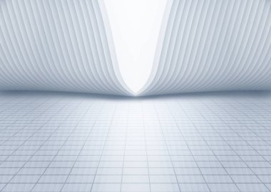 Ortasında ışık olan boş beyaz odanın üç boyutlu soyut canlandırması. Beyaz iç duvar cephesi ve dikey zemin arkaplan 3d görüntüleme.