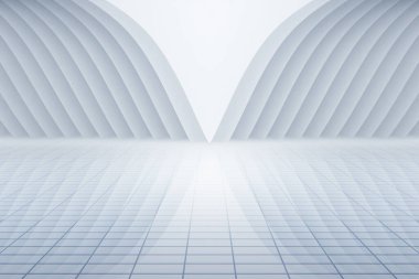 Ortasında ışık olan boş beyaz odanın üç boyutlu soyut canlandırması. Beyaz iç duvar cephesi ve dikey zemin arkaplan 3d görüntüleme.