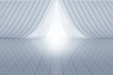 Ortasında ışık olan boş beyaz odanın üç boyutlu soyut canlandırması. Beyaz iç duvar cephesi ve dikey zemin arkaplan 3d görüntüleme.