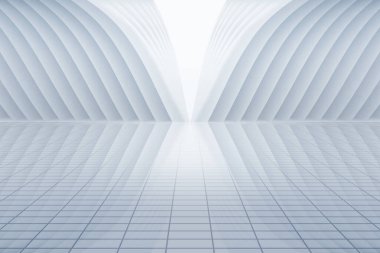 Ortasında ışık olan boş beyaz odanın üç boyutlu soyut canlandırması. Beyaz iç duvar cephesi ve dikey zemin arkaplan 3d görüntüleme.