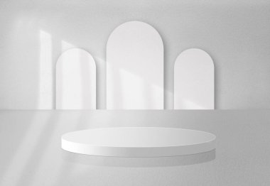 Mavi pencereli ve gökyüzü olan beyaz oda. 3d oluşturma 