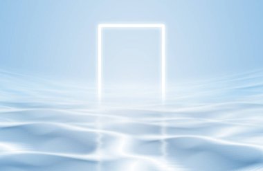 Mavi suyun üzerinde yansıma ile asılı parlayan dikdörtgen, 3D görüntüleme.