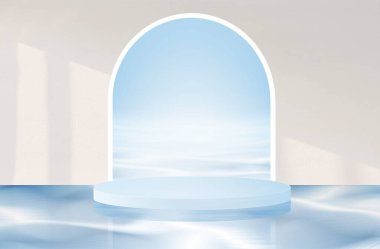 Boş dairesel ürün sahnesi kabinleri olan beyaz kemerler suyun üzerinde süzülür, 3D görüntüleme