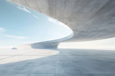 Boş beyaz yol, mavi gökyüzü arka planı, modern mimari. Ürün gösterimi ya da reklam için modelleme yapın. 3d oluşturma