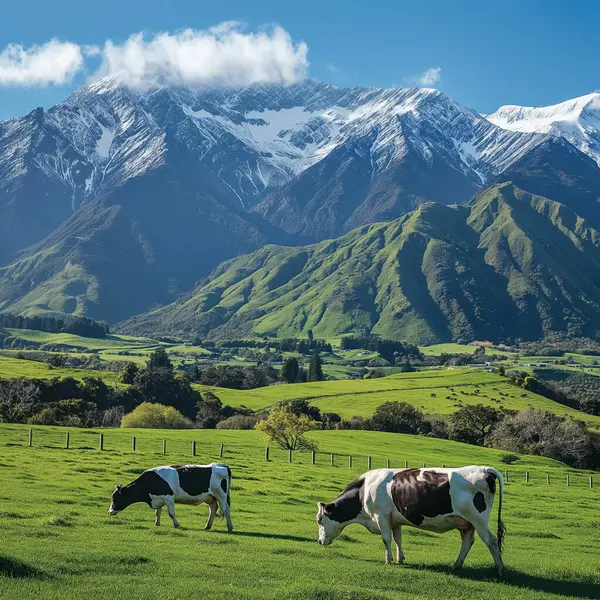 Vaches Broutant Sur Herbe Verte Les Montagnes Enneigées Loin Sous — Photo
