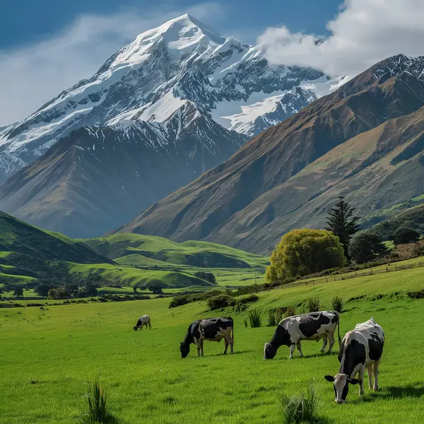 Vaches Broutant Sur Herbe Verte Les Montagnes Enneigées Loin Sous — Photo