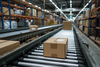 Depodaki paketlenmiş kutular taşıma bandıyla taşınıyor.