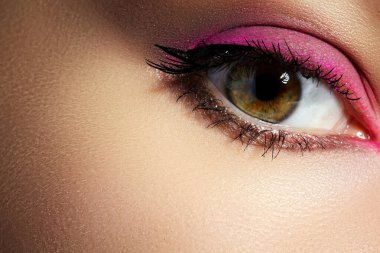 Mavi Gözlü Kadın Yüzünün Closeup Makrosu. Moda Makyaj kutlayın, Glowy Temiz Cilt, Kaşlar mükemmel Şekiller. Parlak Simmer ve Rouge