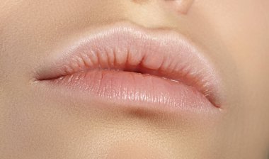 Mükemmel Doğal Dudak Makyajı. Makro Fotoğrafı Güzel Kadın Ağzı ile Kapatın. Dolgun Dudaklar. Yüz Detayına yakın çekim. Kusursuz Temiz Cilt, Açık Taze Dudak Makyajı. Güzel Spa Yumuşak Dudakları