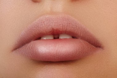Çıplak makyajlı, dolgun kadın dudakları. Büyüleyici aralıklarla dişler. Makro güzellik fotoğrafçılığı, duygusal gülümseme, cilt bakımı ve reklam ve dergiler için kozmetik detay. Sağlıklı dişler, doğal boşluk ve yumuşak pembe dudaklar. Makro ayrıntı