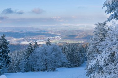 Winter evening high in the mountains overlooking a snowy forest