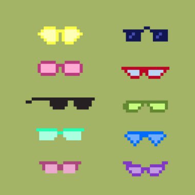 Pixel art eyeglass frames or sunglasses with pixelated glasses. Pixel art set of glasses and sunglasses. 8-bit pixel art vector, isolated on solid color background.