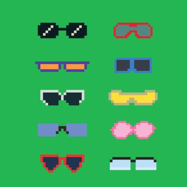 Piksel gözlük çerçevesi ya da pikselli gözlüklü güneş gözlüğü. Piksel resim seti, gözlük ve güneş gözlüğü. 8-bit piksel sanat vektörü, katı renk arkaplan üzerinde izole.