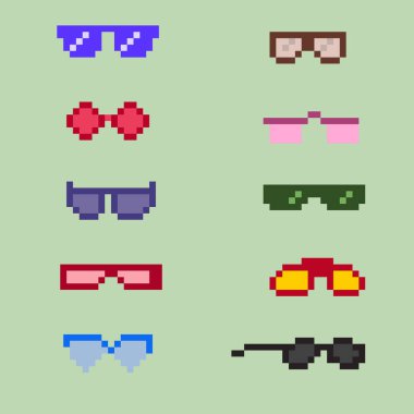 Pixel art eyeglass frames or sunglasses with pixelated glasses. Pixel art set of glasses and sunglasses. 8-bit pixel art vector, isolated on solid color background.