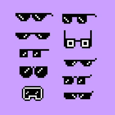 Pixel art eyeglass frames or sunglasses with pixelated glasses. Pixel art set of glasses and sunglasses. 8-bit pixel art vector, isolated on solid color background.