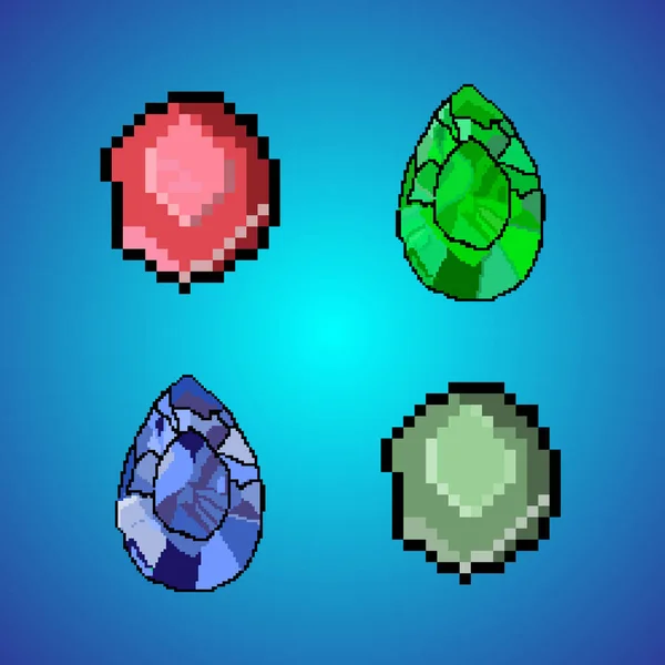 Bit Pixel Ruby Gemstones Pixel Diamond Game Assets Vector Illustrations — Stockvector