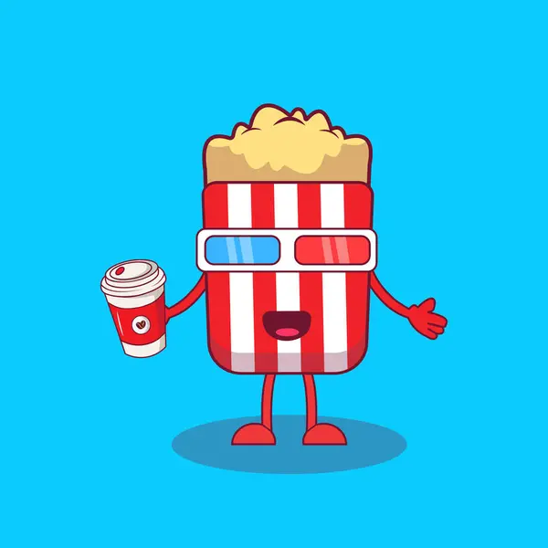 Üç boyutlu film gözlüklü şirin patlamış mısır ve pipet karikatür ikonu. Film Yemekleri Çizgi Film Simgesi İzole Edildi