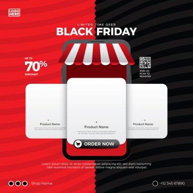 Siyah ve kırmızı cuma promosyon tasarımı. Kara Cuma indirimi, indirim, teklif, promosyon, sosyal medya pazarlaması, online alışveriş