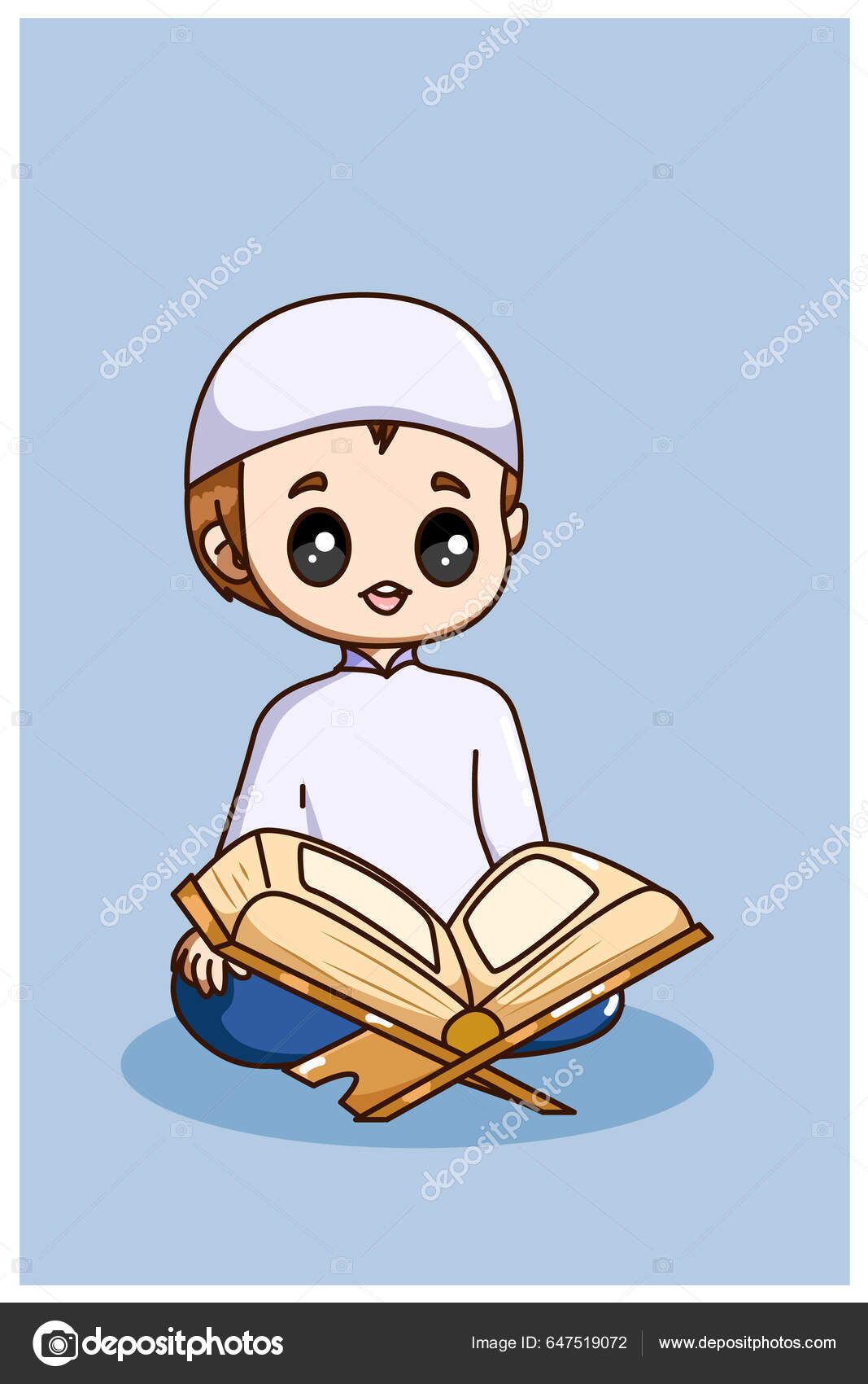 Мусульманский Мальчик Читающий Карикатуру Коран Векторное.
