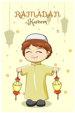 Küçük Müslüman çocuk Ramazan Kareem 'i fener çizimleriyle kutluyor.
