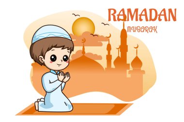 Küçük Müslüman çocuk Ramazan Kareem çizgi film illüstrasyonunda dua ediyor