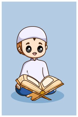 Küçük Müslüman çocuk Kuran çizgi film resimlerini okuyor.