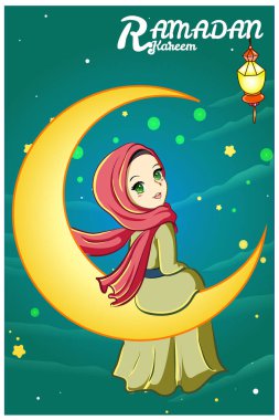 Feneri ve ayı olan Müslüman kız Ramazan Kareem karikatür çizimi