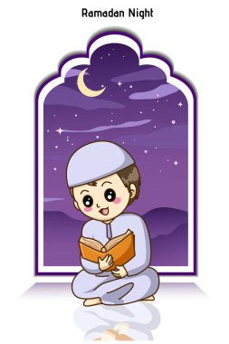 Ramazan gecesi çizgi film illüstrasyonunda Kuran okuyan mutlu Müslüman çocuk.
