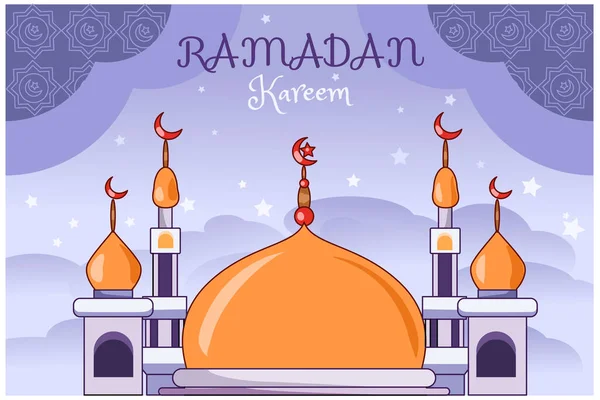 Gold Purple Mosque Ramadan Kareem Cartoon Illustration — Stock Vector